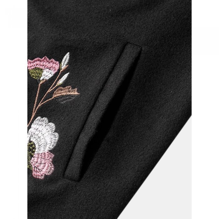 Floral Embroidery Vintage Lapel Collar Coat For Women