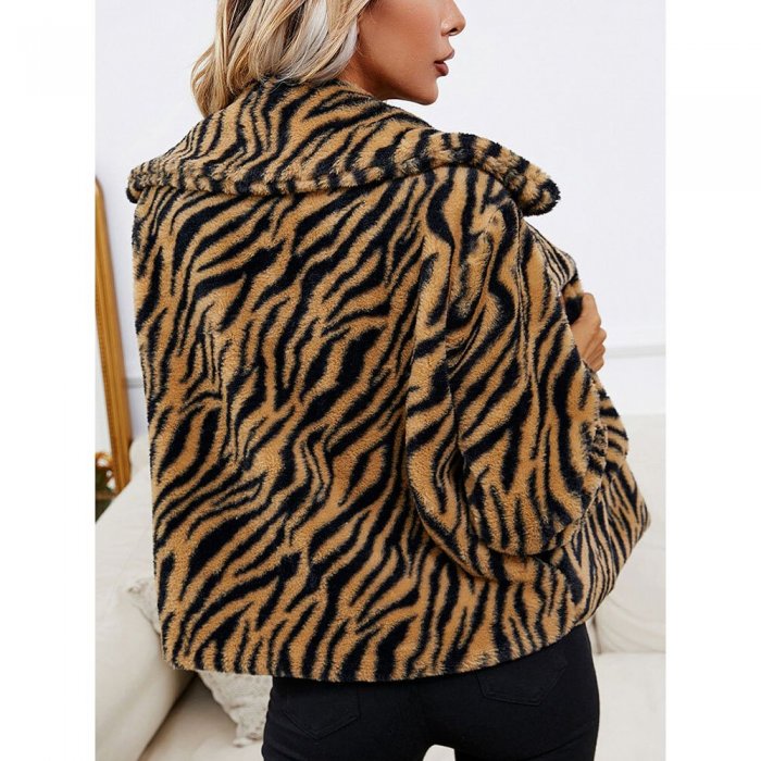 Zebra Pattern Lapel Open Front Long Sleeve Faux Fur Coat