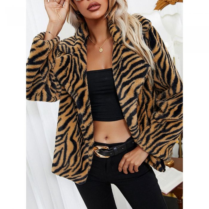 Zebra Pattern Lapel Open Front Long Sleeve Faux Fur Coat