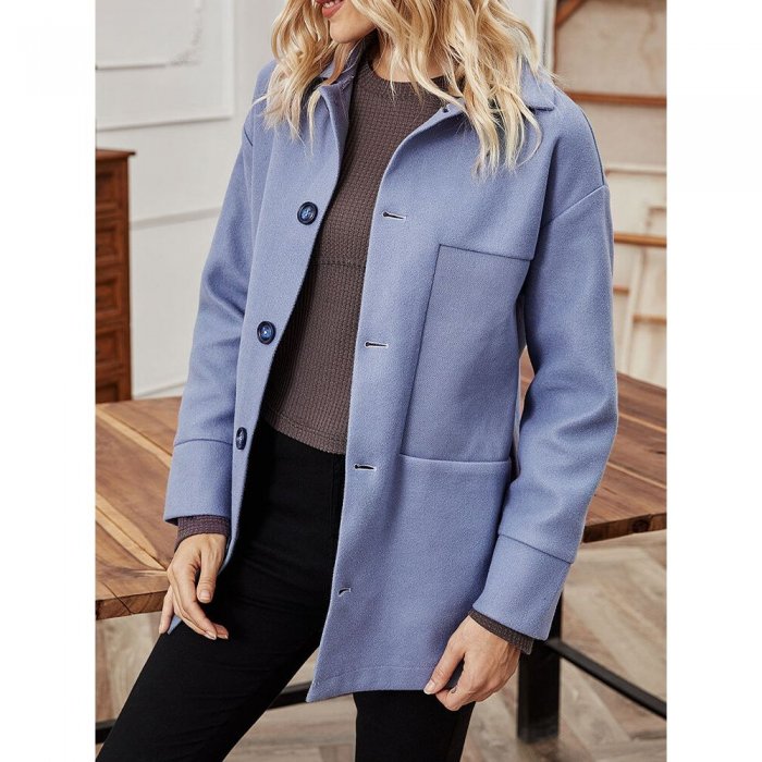 Solid Color Button Long Sleeve Casual Coat for Women