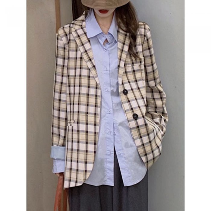 Plaid Long Sleeve Turn-down Collar Coat For Women