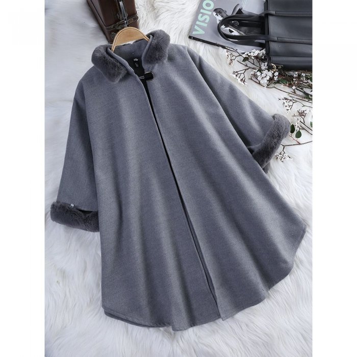 Faux Fur Woolen Patchwork Irregular Women Cape Coat