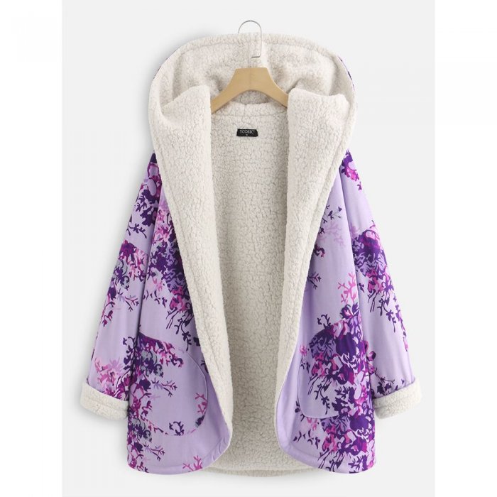 Thick Floral Print Long Sleeve Hooded Coat For Women