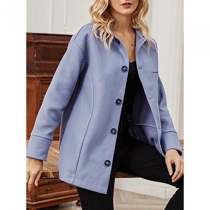 Solid Color Button Long Sleeve Casual Coat for Women