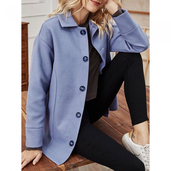 Solid Color Button Long Sleeve Casual Coat for Women