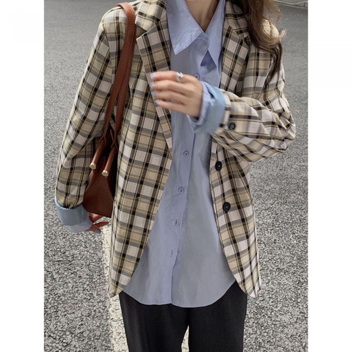 Plaid Long Sleeve Turn-down Collar Coat For Women