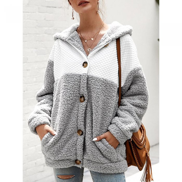 Fleece Patchwork Long Sleeve Hooded Coat For Women