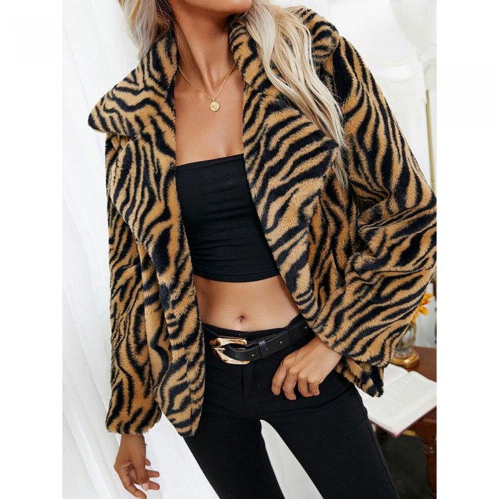 Zebra Pattern Lapel Open Front Long Sleeve Faux Fur Coat