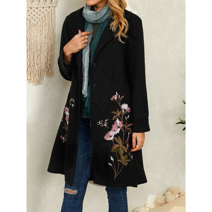 Floral Embroidery Vintage Lapel Collar Coat For Women