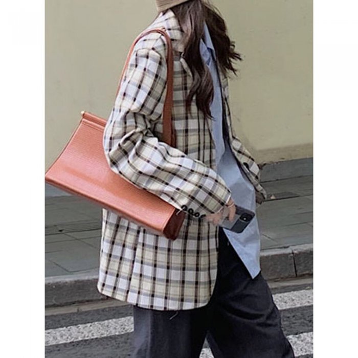 Plaid Long Sleeve Turn-down Collar Coat For Women