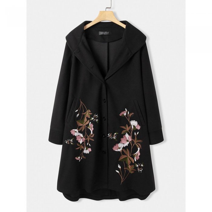 Floral Embroidery Vintage Lapel Collar Coat For Women