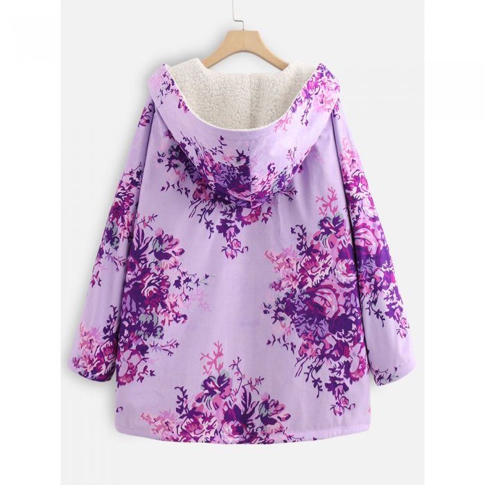 Thick Floral Print Long Sleeve Hooded Coat For Women