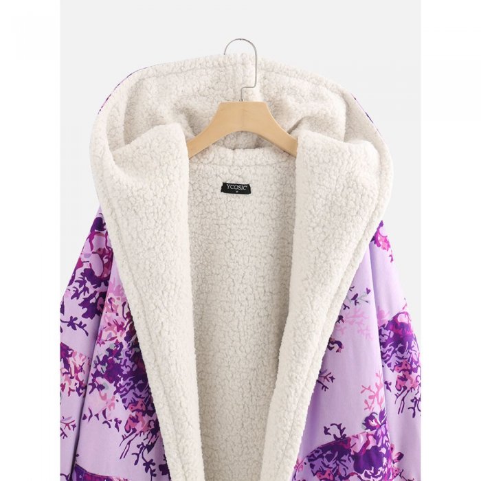 Thick Floral Print Long Sleeve Hooded Coat For Women