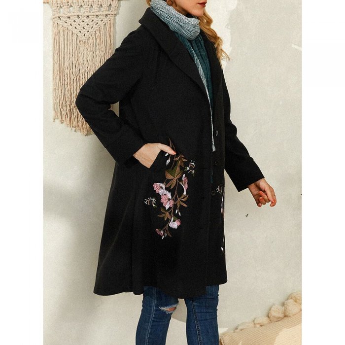 Floral Embroidery Vintage Lapel Collar Coat For Women