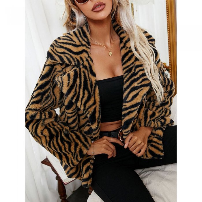 Zebra Pattern Lapel Open Front Long Sleeve Faux Fur Coat