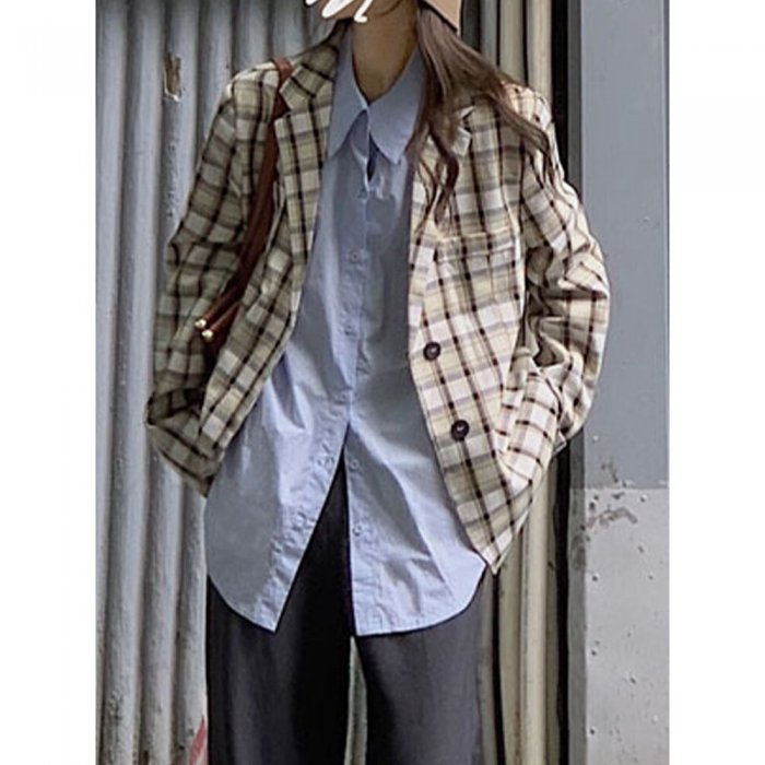 Plaid Long Sleeve Turn-down Collar Coat For Women