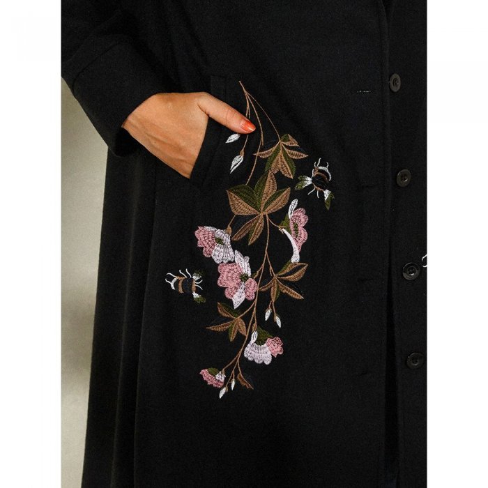 Floral Embroidery Vintage Lapel Collar Coat For Women