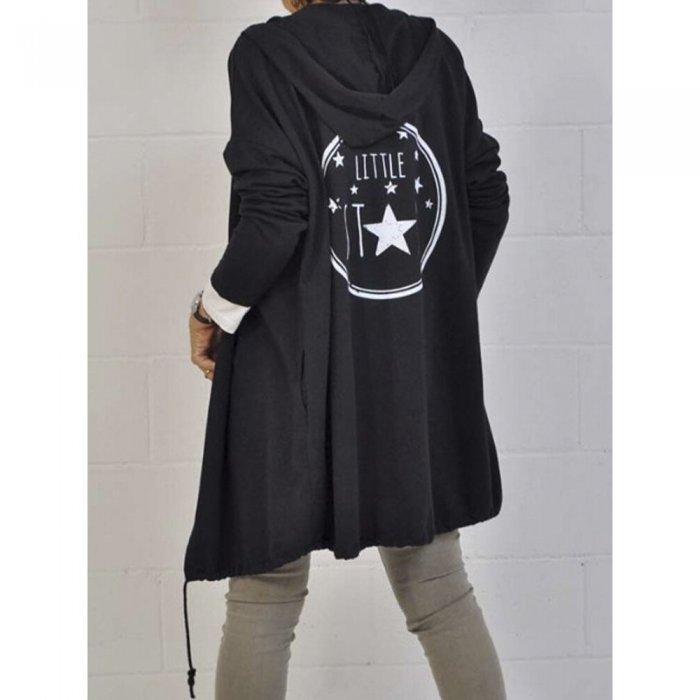 Letters Star Print Knotted Casual Coat With Pocket For Women