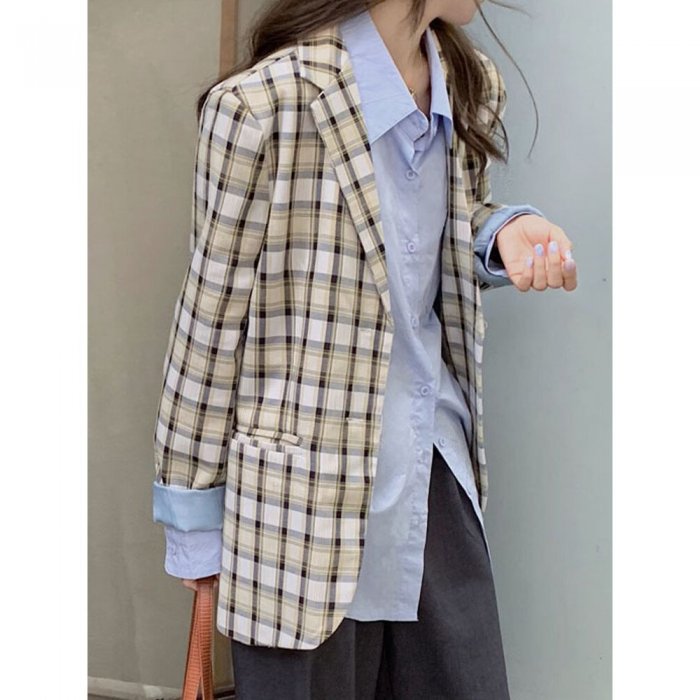 Plaid Long Sleeve Turn-down Collar Coat For Women