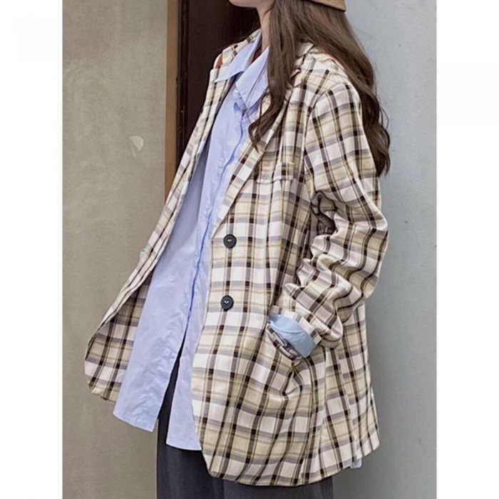 Plaid Long Sleeve Turn-down Collar Coat For Women