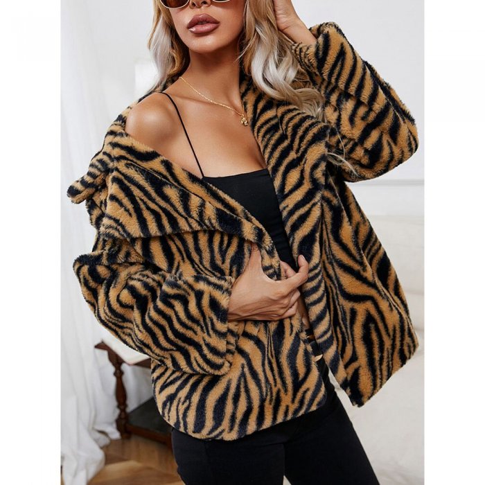 Zebra Pattern Lapel Open Front Long Sleeve Faux Fur Coat